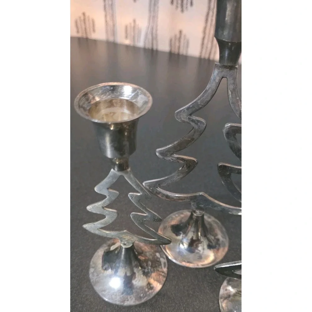 International Silver Co Silverplate Christmas Tree Candlestick Holders 3pc‎ EUC